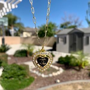 Vintage CC Quilted black heart crystal necklace